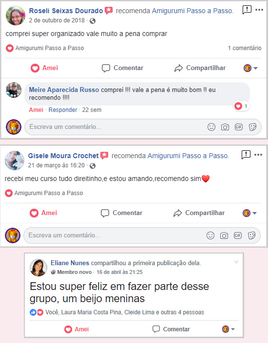 Comentários no Facebook avaliando o curso